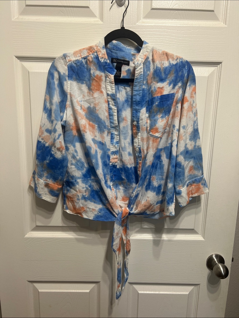 INC International Concepts Blue & Orange Tie-Front Blouse